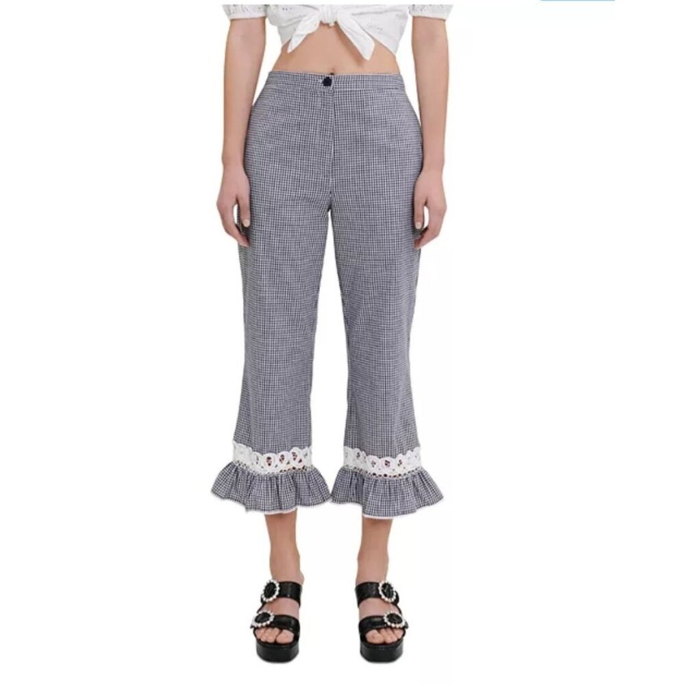 Maje Pitchy Cotton Blue Gingham Pants‎ size XS Lace Trim Ruffled Hem Crop Boho